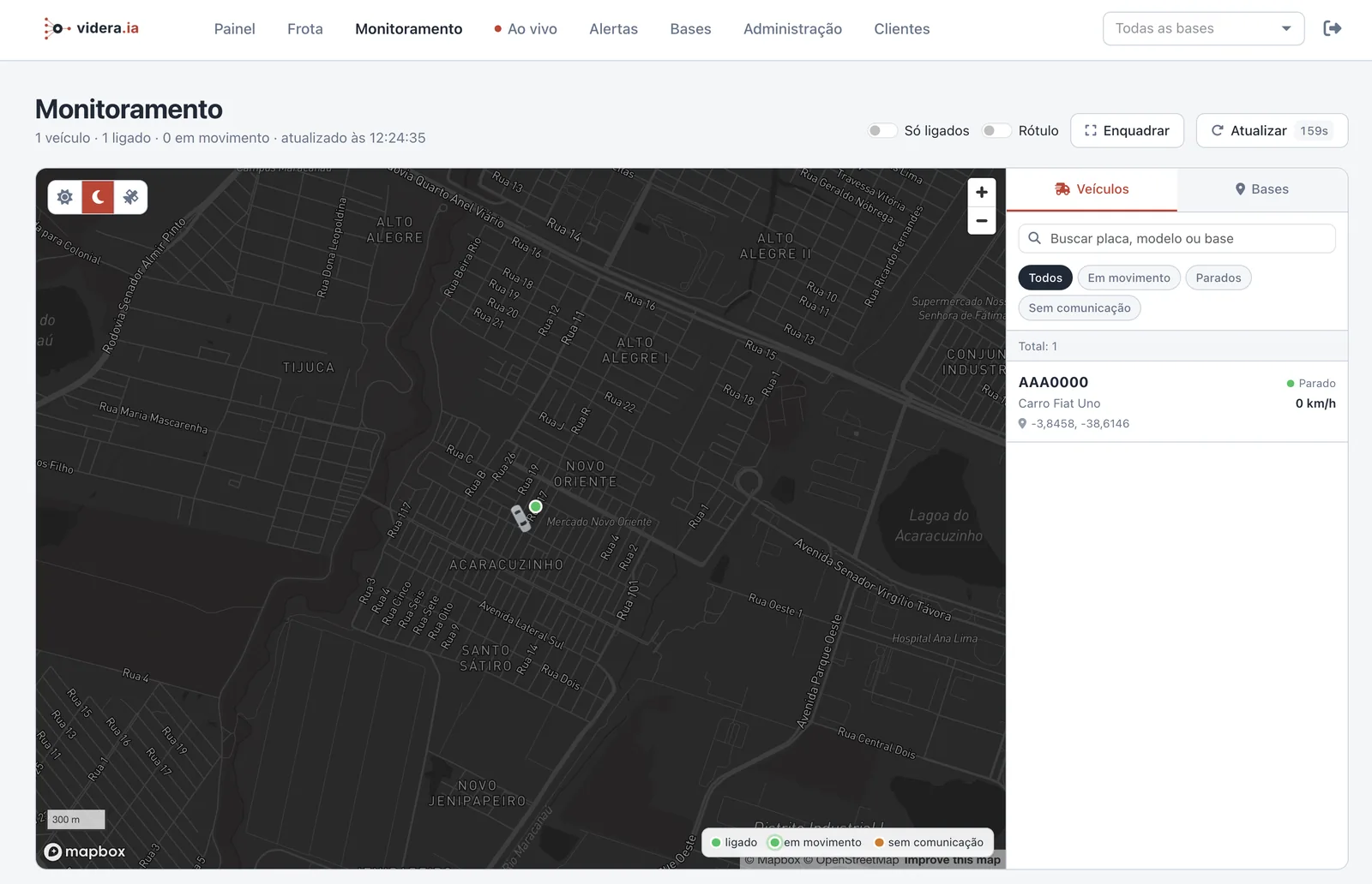 Tela de monitoramento da VIDERA com a frota no mapa